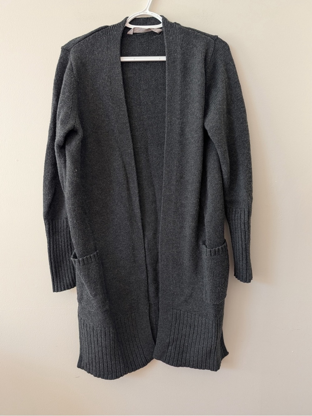 Athleta 100# Extra Fine Wool Charcoal Open-Front Ribbed Hem Long Cardigan